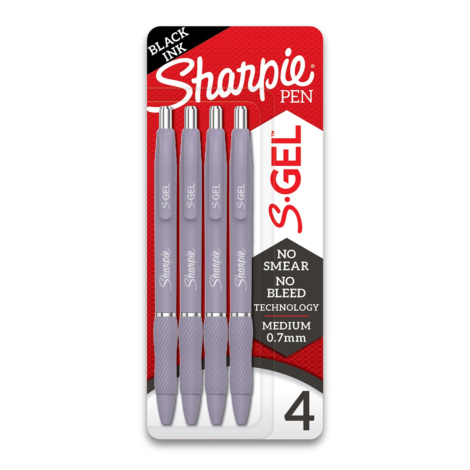 Sharpie® S-Gel, Gel Pens, Medium Point (0.7mm), Violet Barrel, Black Ink, 4 Count, (2195670)