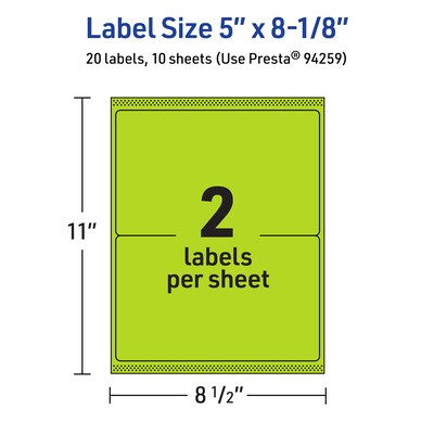 Avery Printable Rectangle Multipurpose Labels, 5" x 8-1/8", Bright Green, 20/Pack (94259)