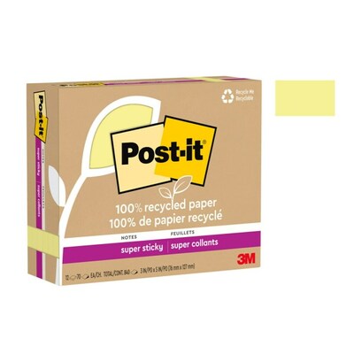 Post-it Recycled Super Sticky Notes, 3" x 5", Canary Collection, 70 Sheets/Pad, 12 Pads/Pack (655R-12SSCY)