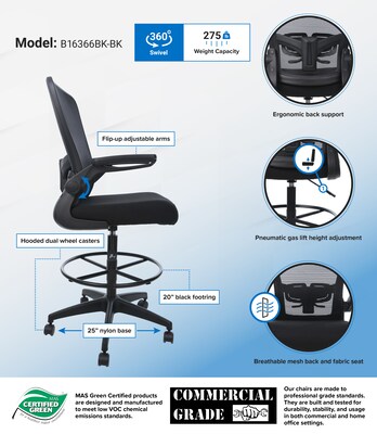 Boss Flip Arm Mesh/Fabric Stool with Footrest and Lumbar Support, Black (B16366BK-BK)