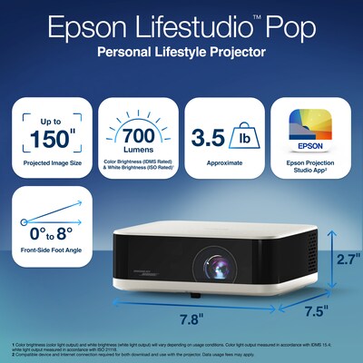 Epson Lifestudio Pop Wireless Full HD Portable Lifestyle Projector, White (V11HB72020)