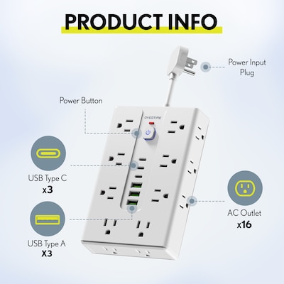 Overtime OS70 22-in-1 Multi-Port Power Strip with 16 AC Outlets, 3 USB-A & 3 USB-C Ports, White (OADOS70)