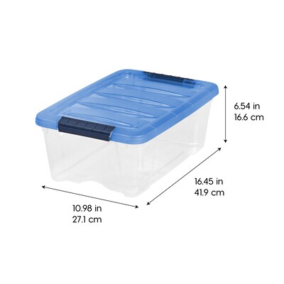 Iris Stack & Pull 12 Qt. Snap Lid Storage Boxes, Clear/Navy, 6/Carton (100306-CT)