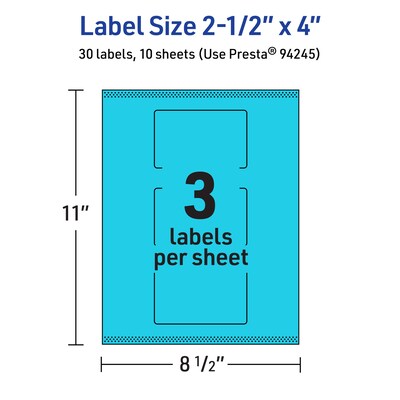 Avery Printable Rectangle Multipurpose Labels, 2.5" x 4", Bright Blue, 30/Pack (94245)