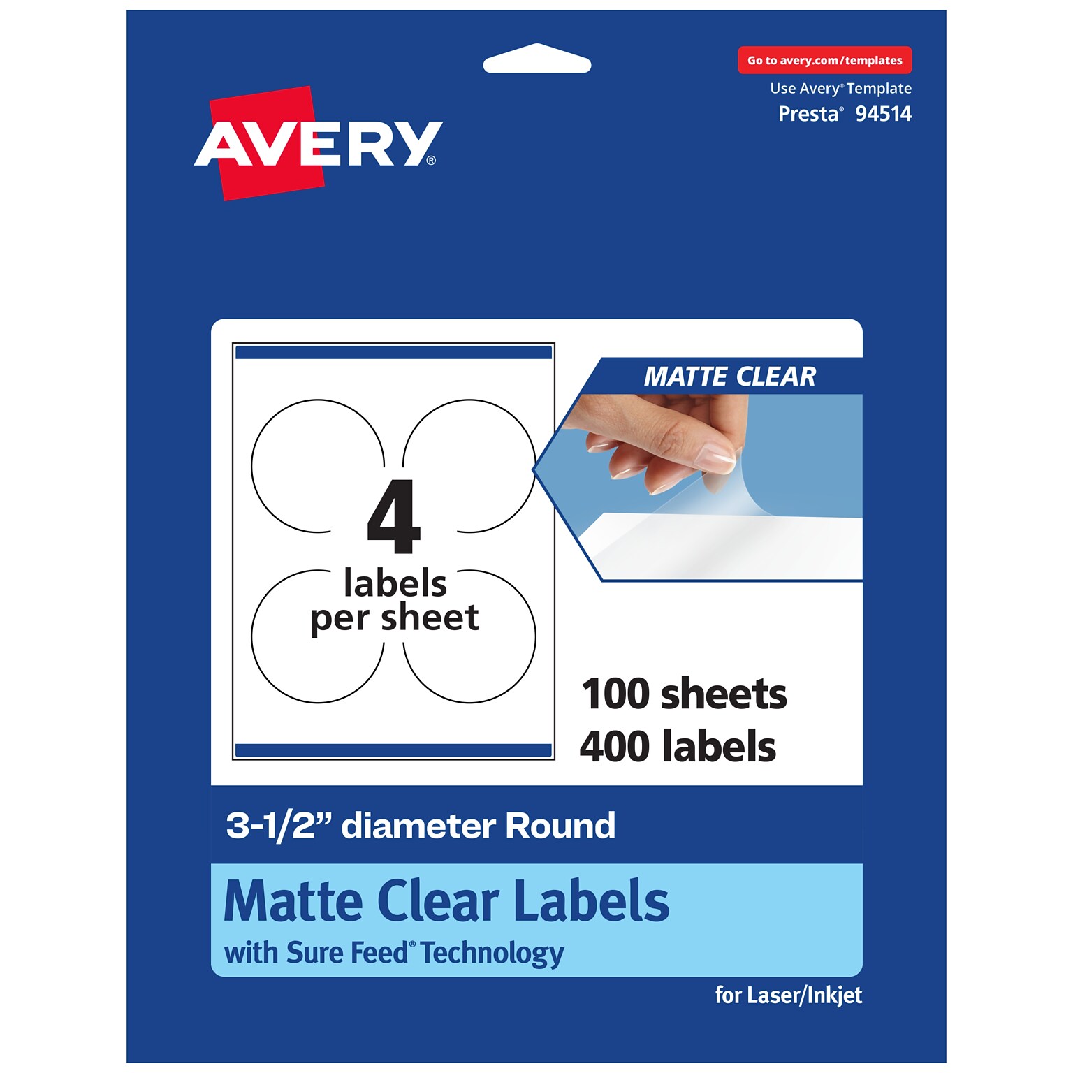 Avery Laser/Inkjet Circle Multipurpose Labels, 3-1/2 Dia., Clear, 400/Box (94514)
