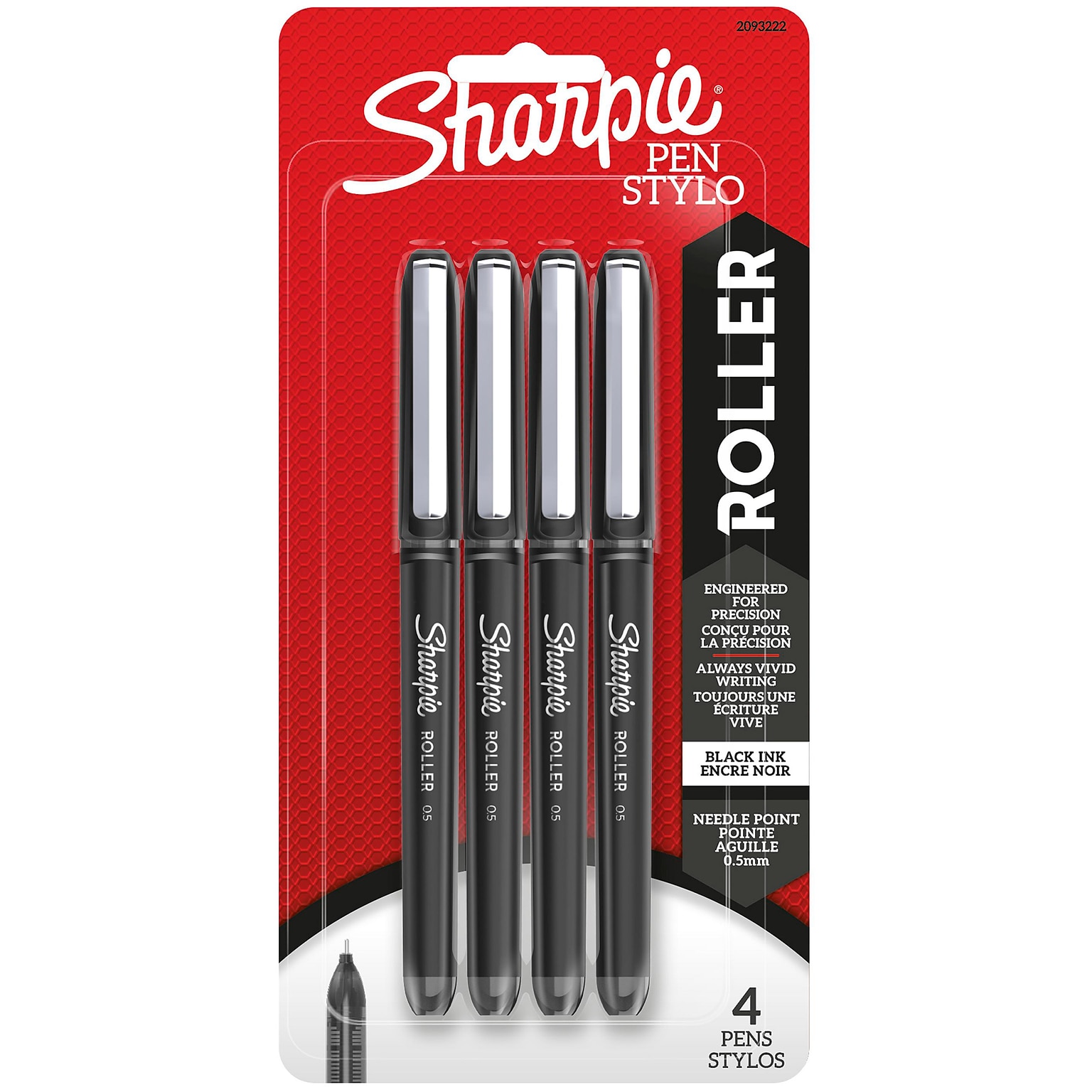 Sharpie Rollerball Pens, 0.5 mm, Needle Point, Black Ink, 4/Pack (2093222)