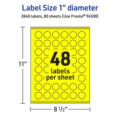 Avery Laser/Inkjet Multipurpose Circle Labels, 1" Dia., Neon Yellow, 3840/Box (94500)