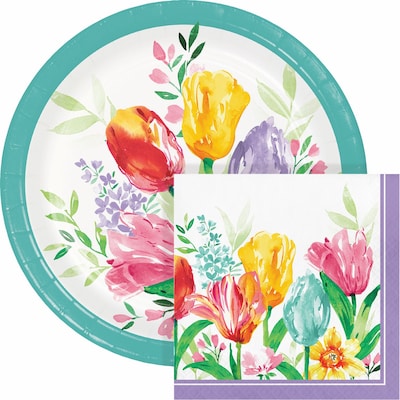 Creative Converting Beautiful Blooms Paper Plates and Napkins Kit, Serves 16 (DTC9200E2G)