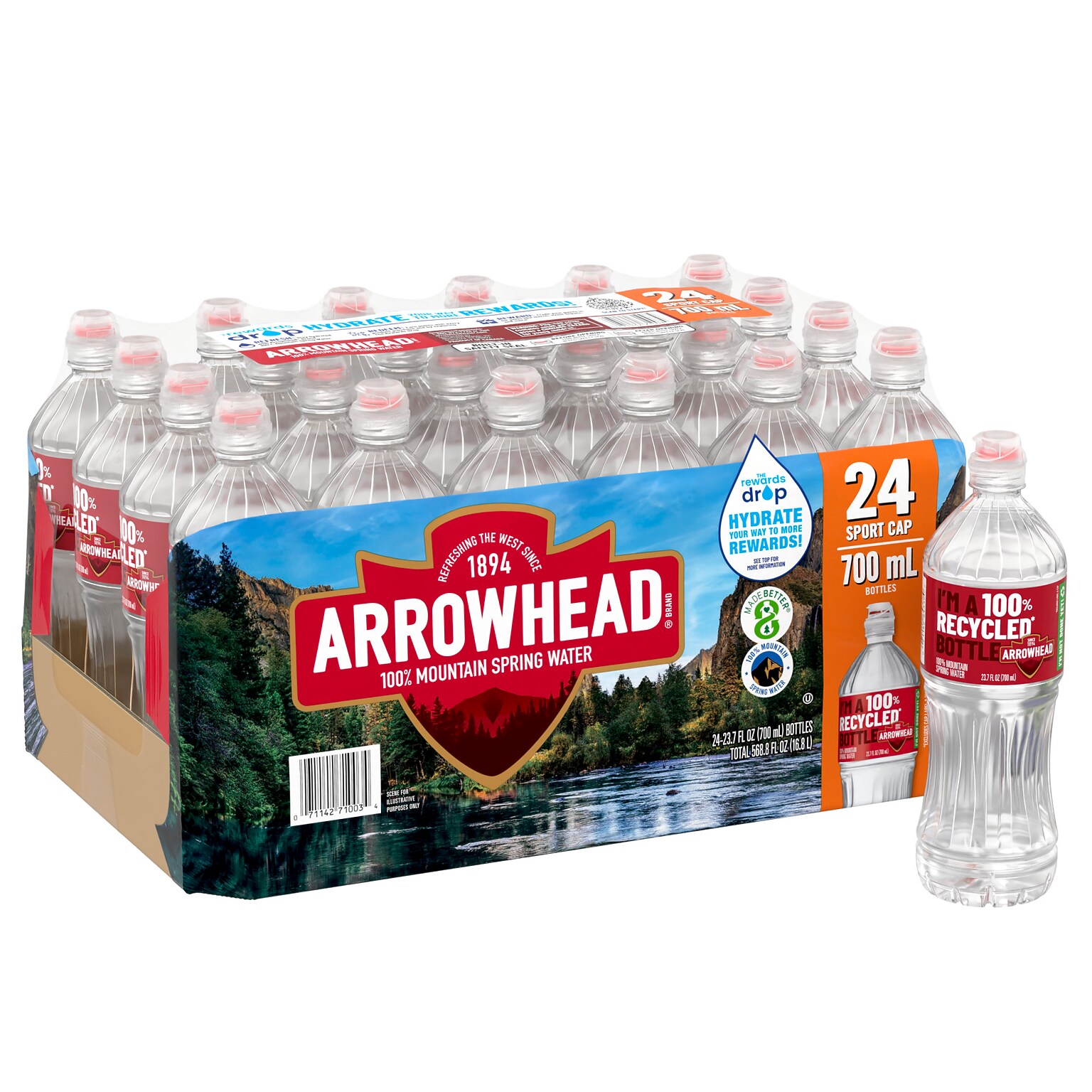 Arrowhead Sport Cap 100% Mountain Spring Water, 23.7 oz., 24/Carton (12086824)