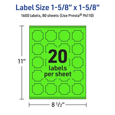 Avery Decorative Edge Multipurpose Labels, 1-5/8" x 1-5/8", Neon Green, 1600/Box (94110)