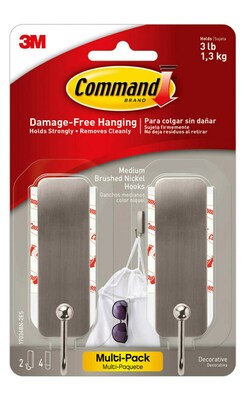 Command Medium Decorative Hooks, 3 lb., Silver, 2/Pack (17034BN-2ES)