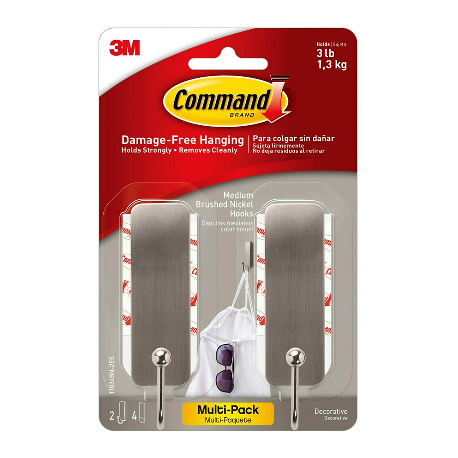 Command Medium Decorative Hooks, 3 lb., Silver, 2/Pack (17034BN-2ES)