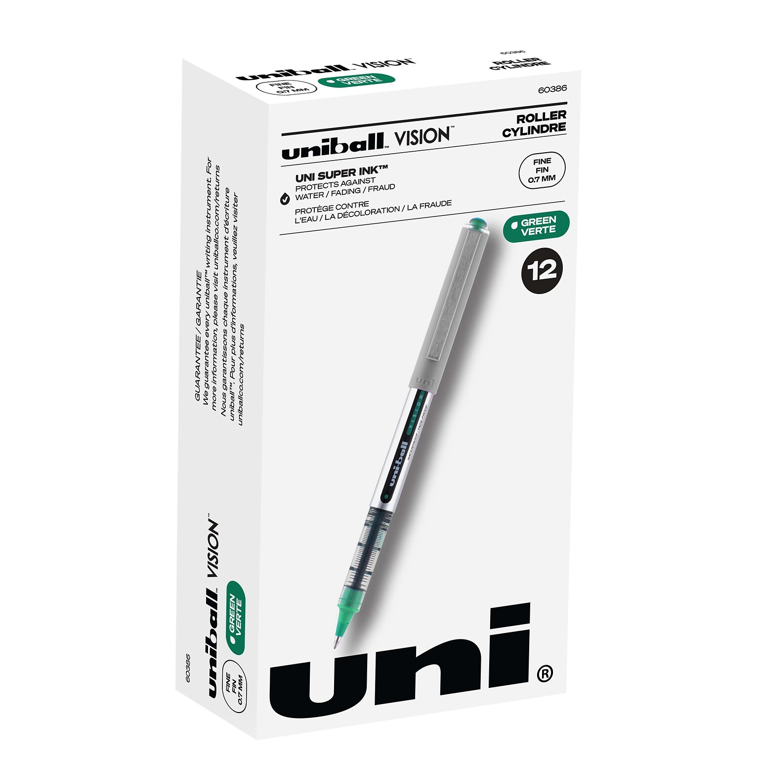 uni-ball Vision Rollerball Pen, Fine Point, 0.7mm, Green Ink, 12/Pack (60386)