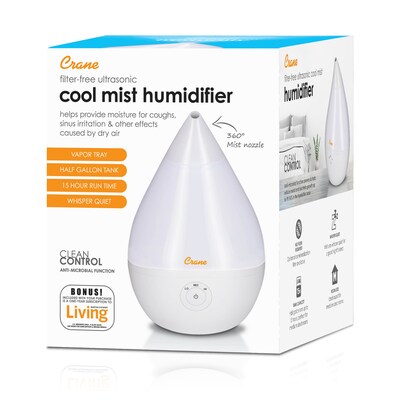 Crane Droplet Ultrasonic Cool Mist Tabletop Humidifier, 0.5-Gallon, White (EE-5302W)