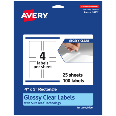 Avery Laser/Inkjet Multipurpose Labels, 3 x , Glossy Clear, 100/Pack (94252)
