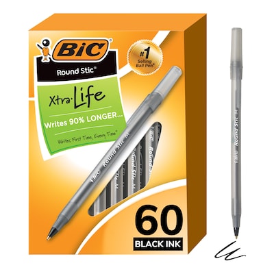 BIC Round Stic Xtra-Life Ballpoint Pen, Medium Point, Black Ink, 60/Pack (GSM609-BLK) | Quill