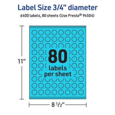 Avery Laser/Inkjet Multipurpose Circle Labels, 0.75" Dia., Bright Blue, 6400/Box (94504)