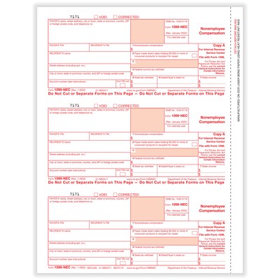 ComplyRight 2023 1099-NEC Tax Form, 1-Part, 3-Up, Federal Copy A, 50/Pack (NEC511050)