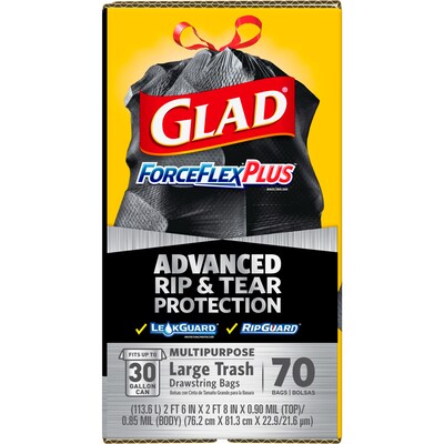 Glad ForceFlexPlus 30 Gallon Trash Bag, 5.31" x 10.06", Low Density, 0.90 mil, Black (70358)