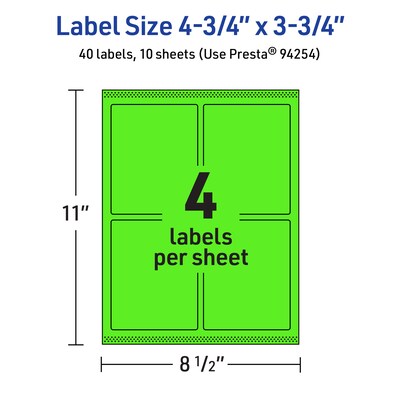 Avery Laser/Inkjet Multipurpose Rectangle Labels, 4.75" x 3.75", Neon Green, 40/Pack (94254)