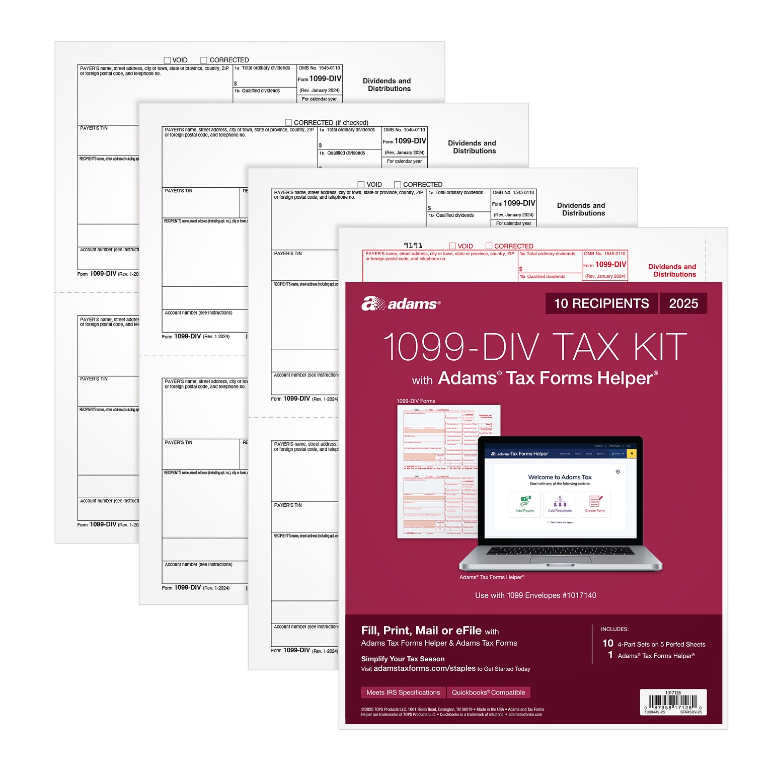 Adams 2025 1099-DIV Tax Forms Kit, 4-Part, 2-Up, 10/Pack (STAX5DV-25)