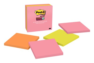 Post-it® Super Sticky Notes, Miami Collection,  4 in. x 4 in., 90 Sheets/Pad,  4 Pads/Pack (675-4SSUMIA)