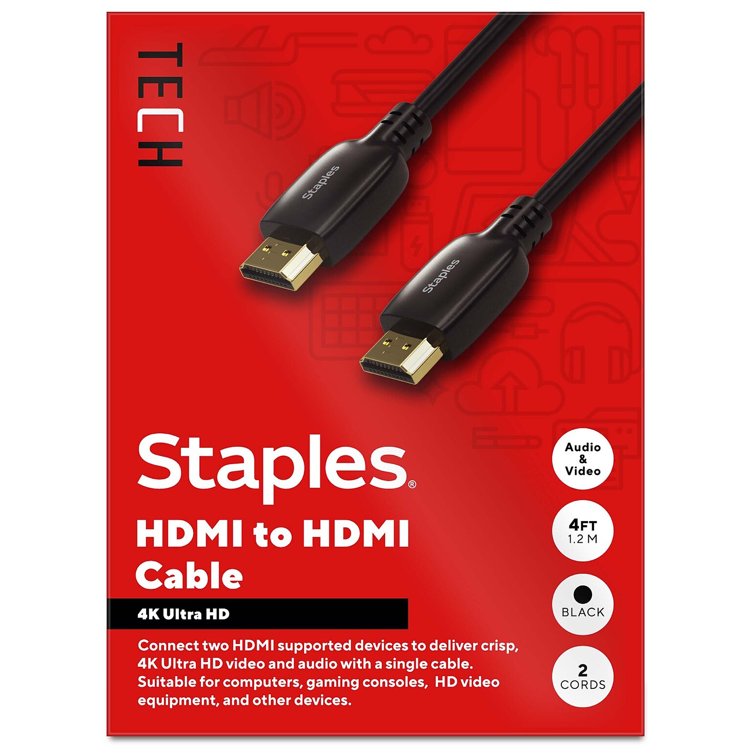 Staples TECH 4 ft. HDMI to HDMI Audio/Video Cable, Male to Male, Black, 2/Pack (ST62478)