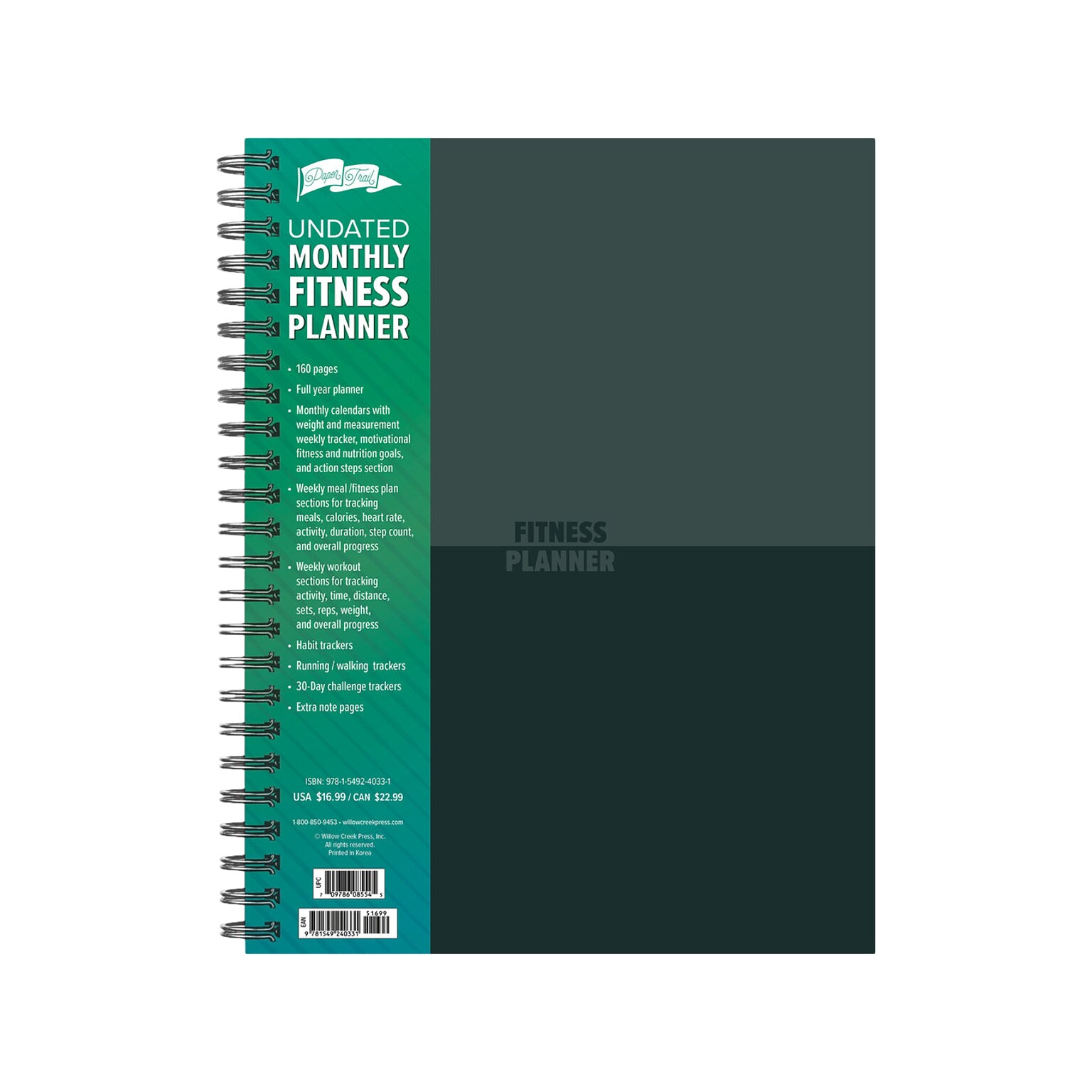 Willow Creek Fitness 8.5 x 11 Monthly Planner, Green  (40331)