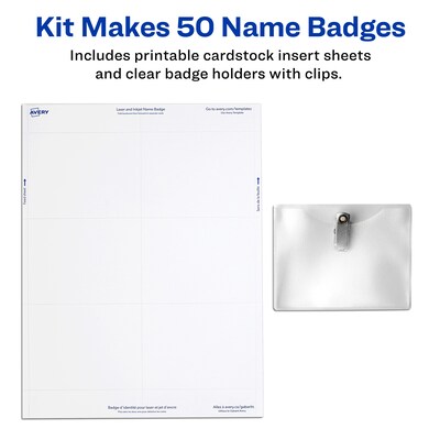 Avery Clip Style Laser/Inkjet Name Badge Kit, 3 x 4, Clear Holders with White Inserts, 50/Box (745