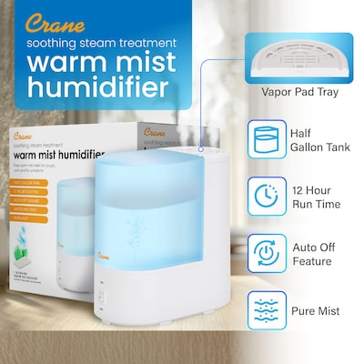 Crane Ultrasonic Warm Mist Tower Humidifier 0.5-Gallon, White (EE-5200)