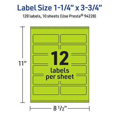 Avery Printable Rectangle Multipurpose Labels, 1.25" x 3.75", Bright Green, 120/Pack (94228)