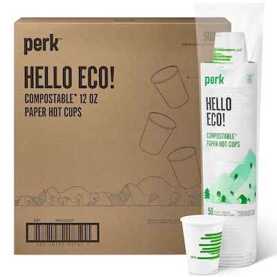 Perk™ Compostable Paper Hot Cup, 12 Oz., White/Green, 500/Carton (PK56222CT)