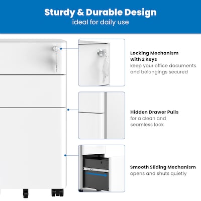 Mount-It! 3-Drawer Mobile File Cabinet, Letter/Legal Size, Lockable, 23.35"H x 11.81"W x 19.69"D, White (MI-944W)