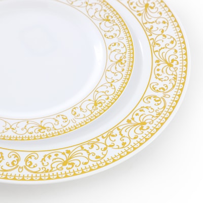 Round Elama Plastic Dinnerware Set, White/Gold, 150 Piece (935123350M)