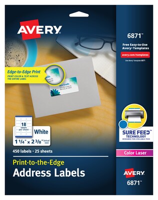 Avery Print-to-the-Edge Laser Address Labels, 1-1/4 x 2-3/8, White, 18 Labels/Sheet, 25 Sheets/Pac