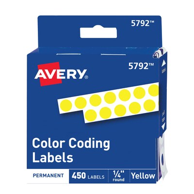 Avery Hand Written Color Coding Labels, 1/4 Dia., Yellow, 450/Sheet, 1 Sheet/Pack (5792)
