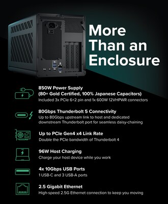 Plugable Thunderbolt 5 AI eGPU Enclosure & Dock: 80Gbps, 850W PSU Included,TAA Compliant -Windows 11, NVIDIA, AMD Cards