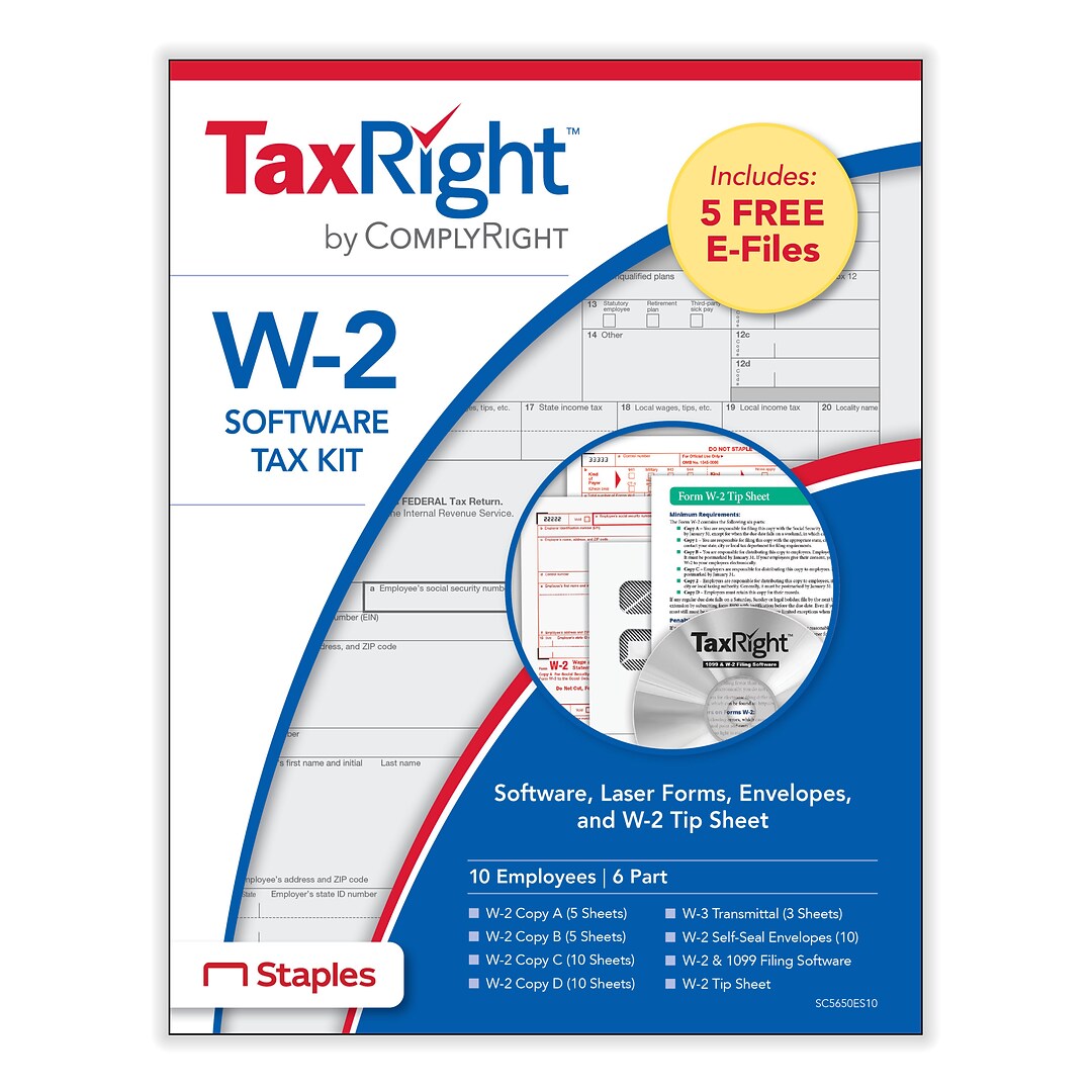 TaxRight W-2 6-Part Laser Tax Form Kit with Software and Envelopes, 10/Pack  (SC5650ES10) | Quill.com