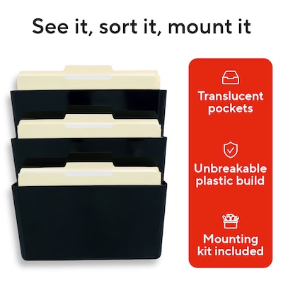 TRU RED Unbreakable 3-Pocket Plastic Letter Wall File, Black, Durable Wall-Mounted Organizer for Mail, Documents & Daily Filing