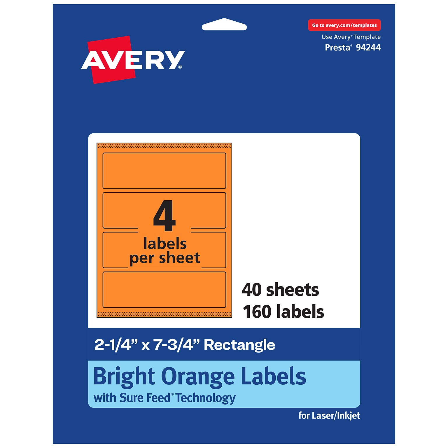 Avery Laser/Inkjet Multipurpose Rectangle Labels, 2.25 x 7.75, Bright Orange, 160/Pack (94244)
