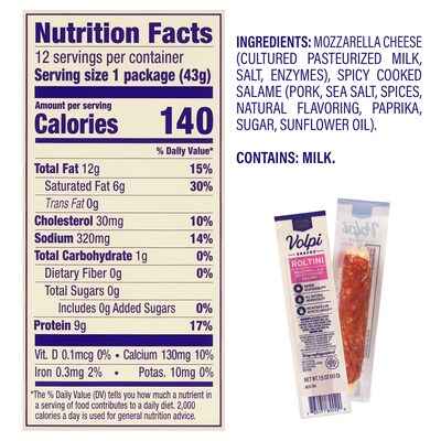 Volpi Roltini Singles, Spicy Salami & Mozzarella, 1.5 oz, 24/Pack (220-02485)