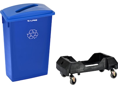 Alpine Industries Plastic Commercial Indoor Recycling Bin with Slotted Lid and Dolly, 23-Gallon, Blu