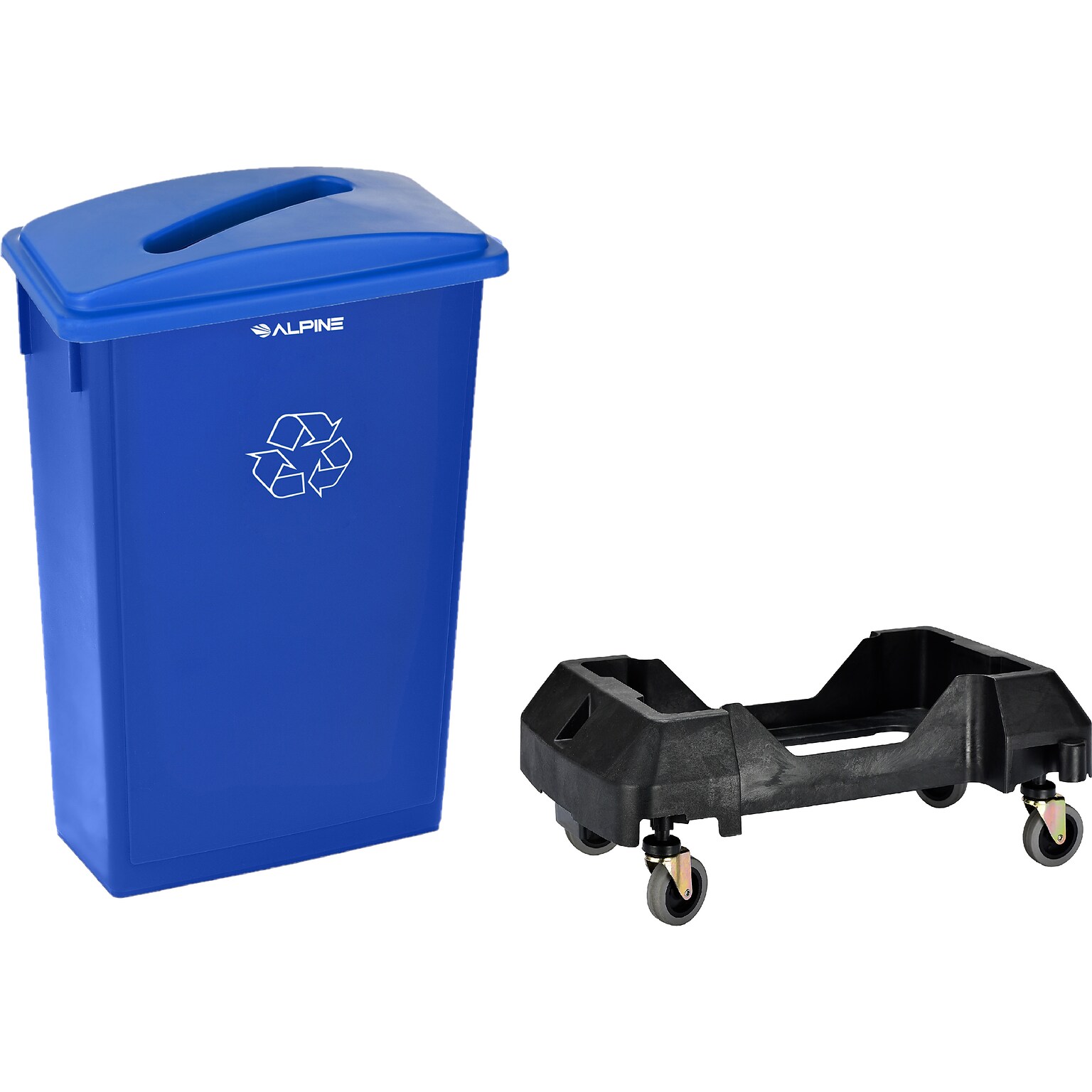 Alpine Industries Polypropylene Recycling Bin with Lid and Dolly, 23 Gallon, Blue (ALP477-BLU4-PKD)