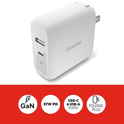 Staples TECH GaN USB-A/USB-C Wall Charger, White (ST62324-CC)