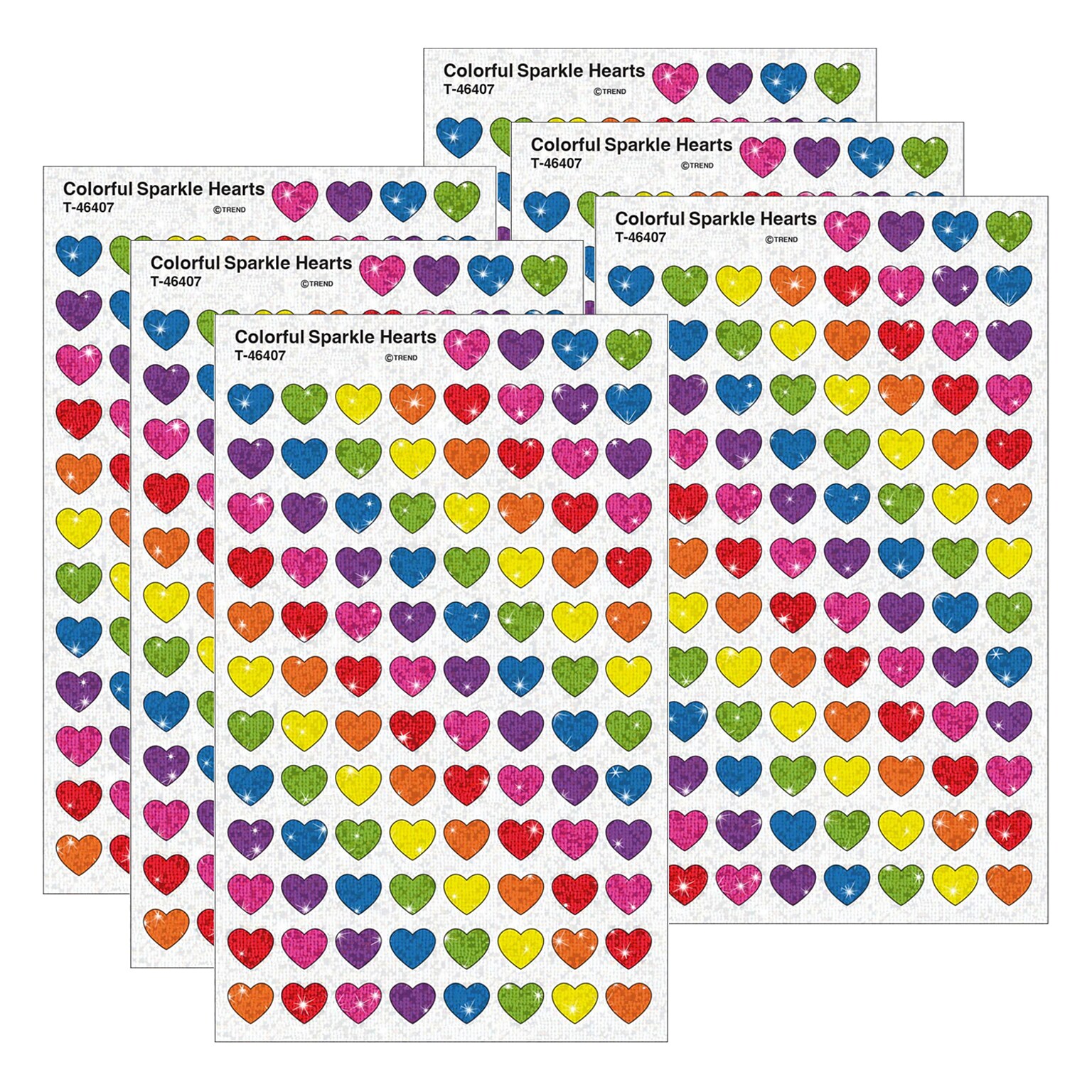 Trend Enterprises Colorful Hearts Sparkle Stickers, Multicolored, 400/Pack, 6/Packs/Bundle (T-46407-6)