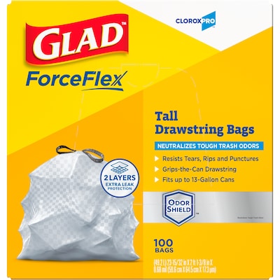 Glad ForceFlex Tall 13 Gallon Drawstring Kitchen Trash Bag, Grey, 100 Total Bags (70427)