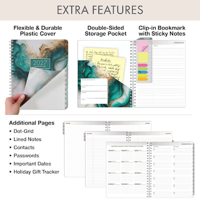 2027 Excello Brands Essential Pro 8.5" x 11" Weekly & Monthly Planner, Teal Gold Marble (ESPRO-CY27-8511-54)