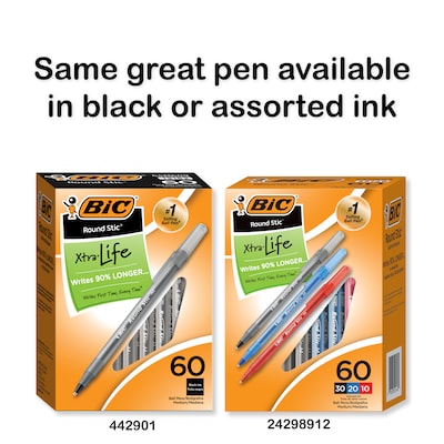 BIC Round Stic Xtra Life Ballpoint Pen, Medium Point, 1.0mm, Blue Ink, 60/Pack (GSM609BE)