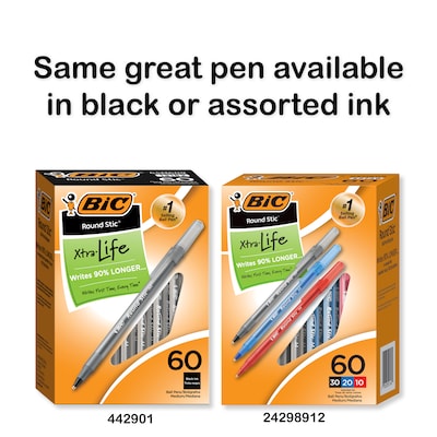 BIC Round Stic Xtra-Life Ballpoint Pen, Medium Point, 1.0mm, Blue Ink, 60/Pack (GSM609BE)