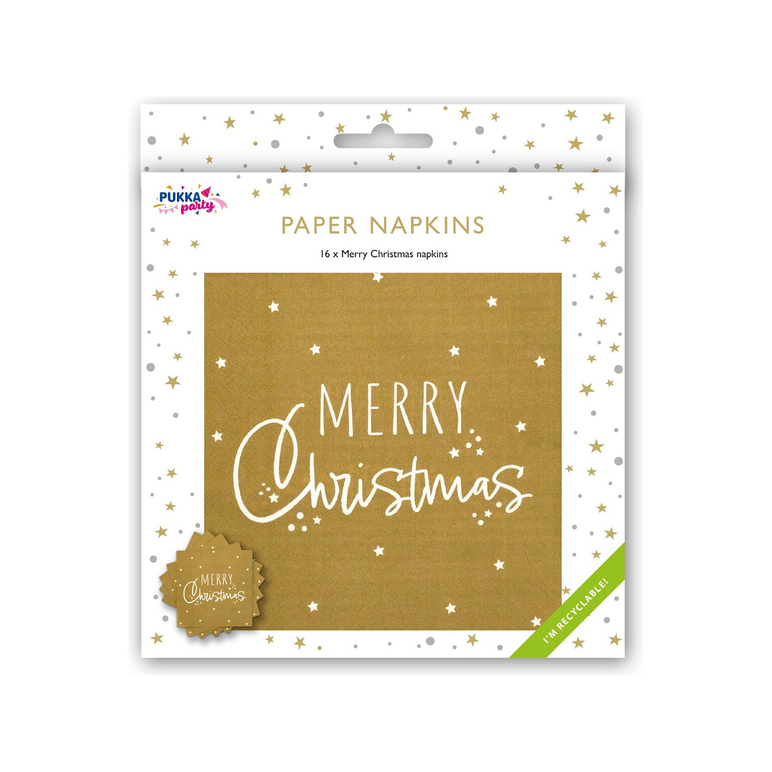 Pukka Party Merry Christmas Paper Napkins, Gold, 16/Pack (PTY561)